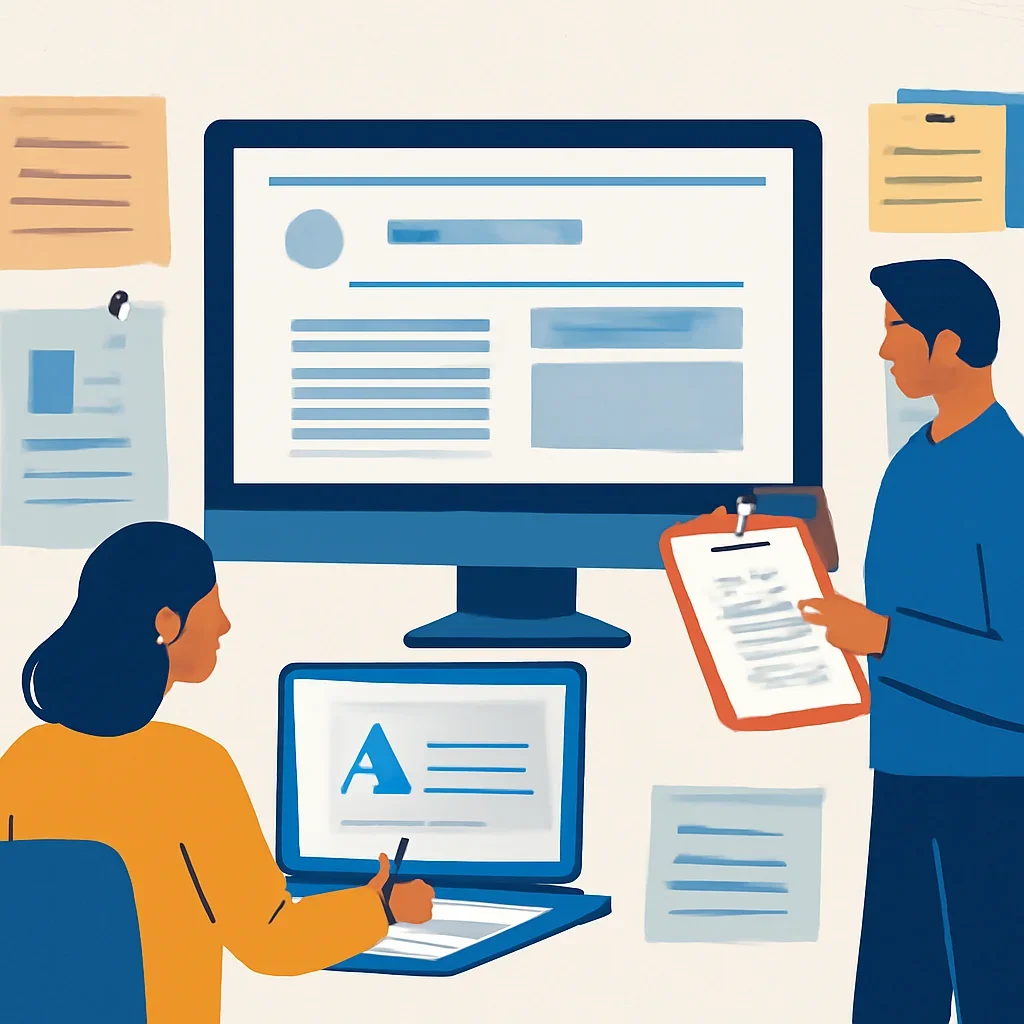 Editorial planning visual for About with stories, reports or updates in review.