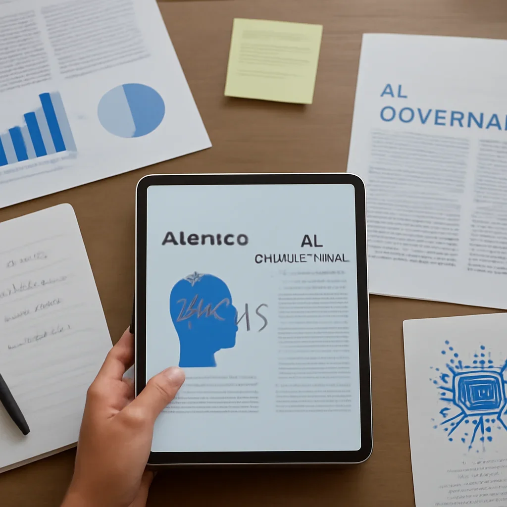 Editorial reading scene tied to AI Ethics vs AI Governance: What Is the Difference? with notes, reports or research material.
