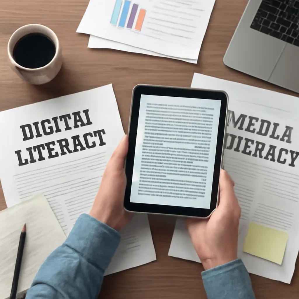 Editorial reading scene tied to Digital Literacy vs Media Literacy with notes, reports or research material.