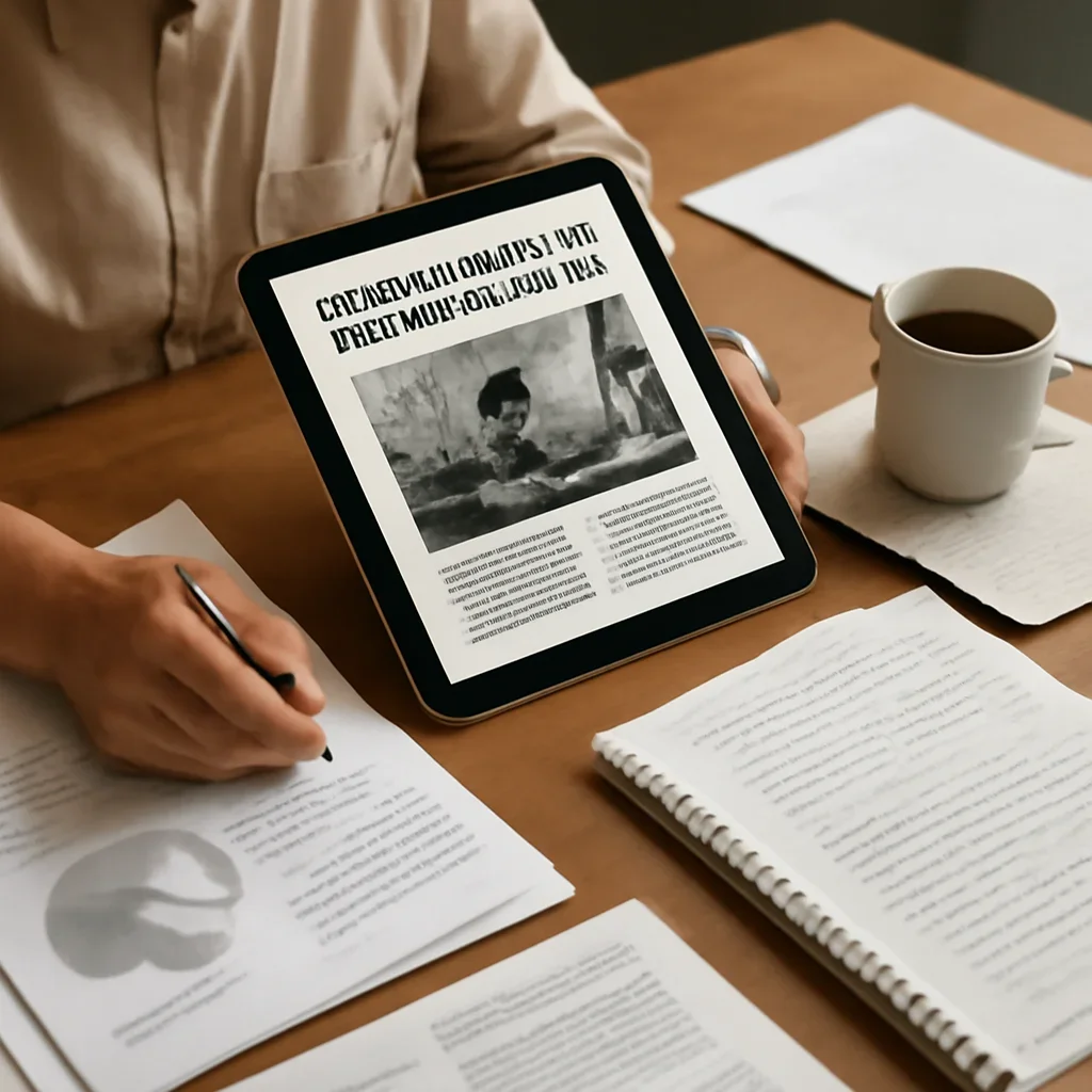 Editorial reading scene tied to What Does Education in Emergencies Mean? with notes, reports or research material.