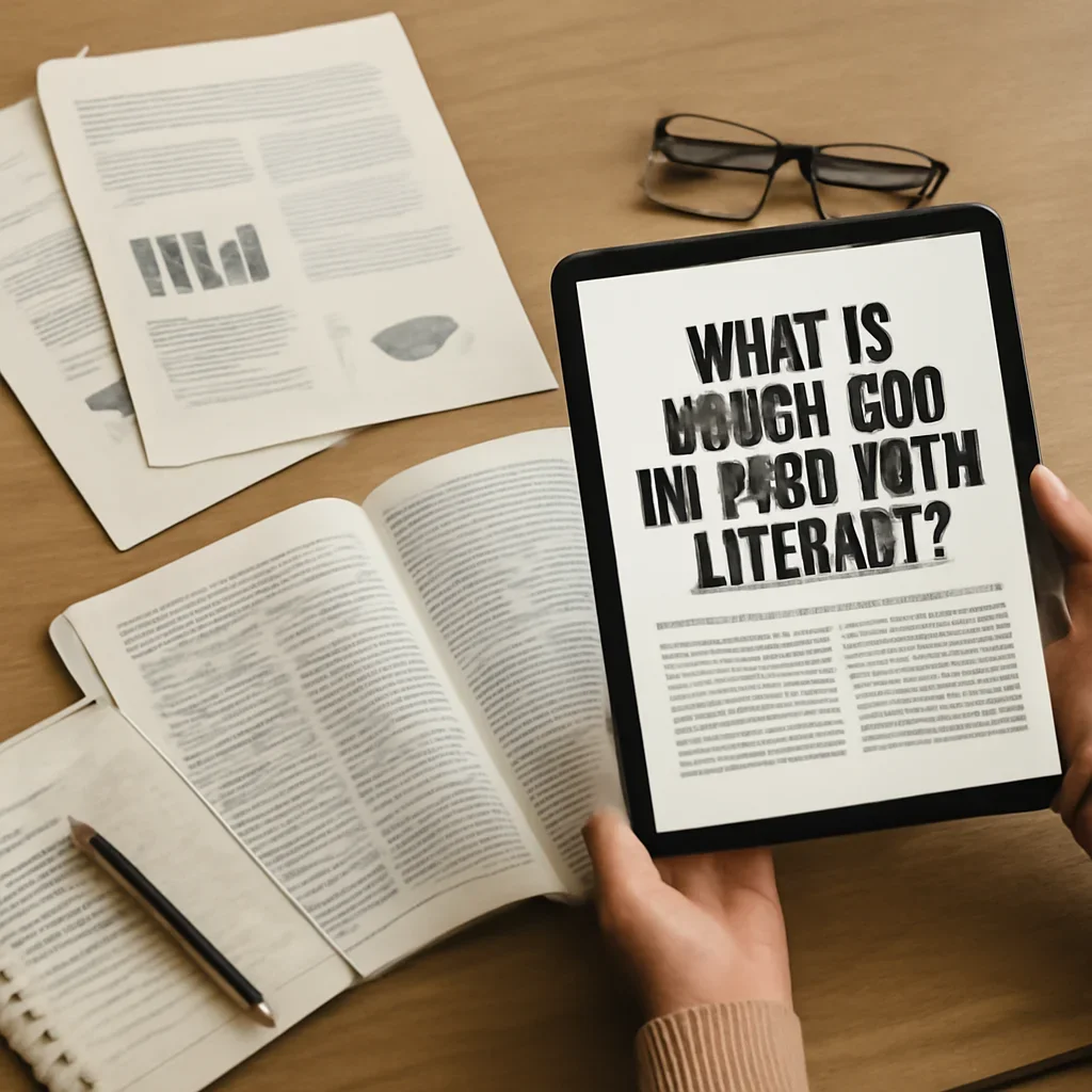 Editorial reading scene tied to What Is Media and Information Literacy? with notes, reports or research material.