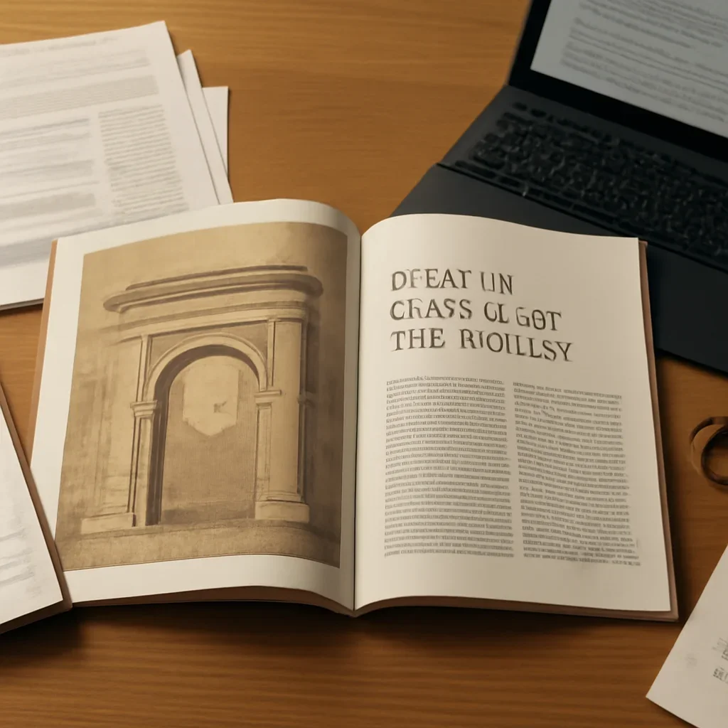 Editorial reading scene tied to What Is Memory of the World? with notes, reports or research material.