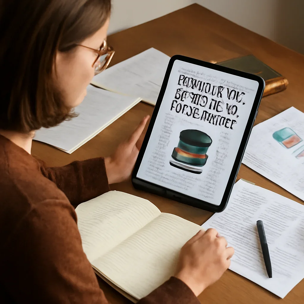 Editorial reading scene tied to What Is the Future of Education? with notes, reports or research material.