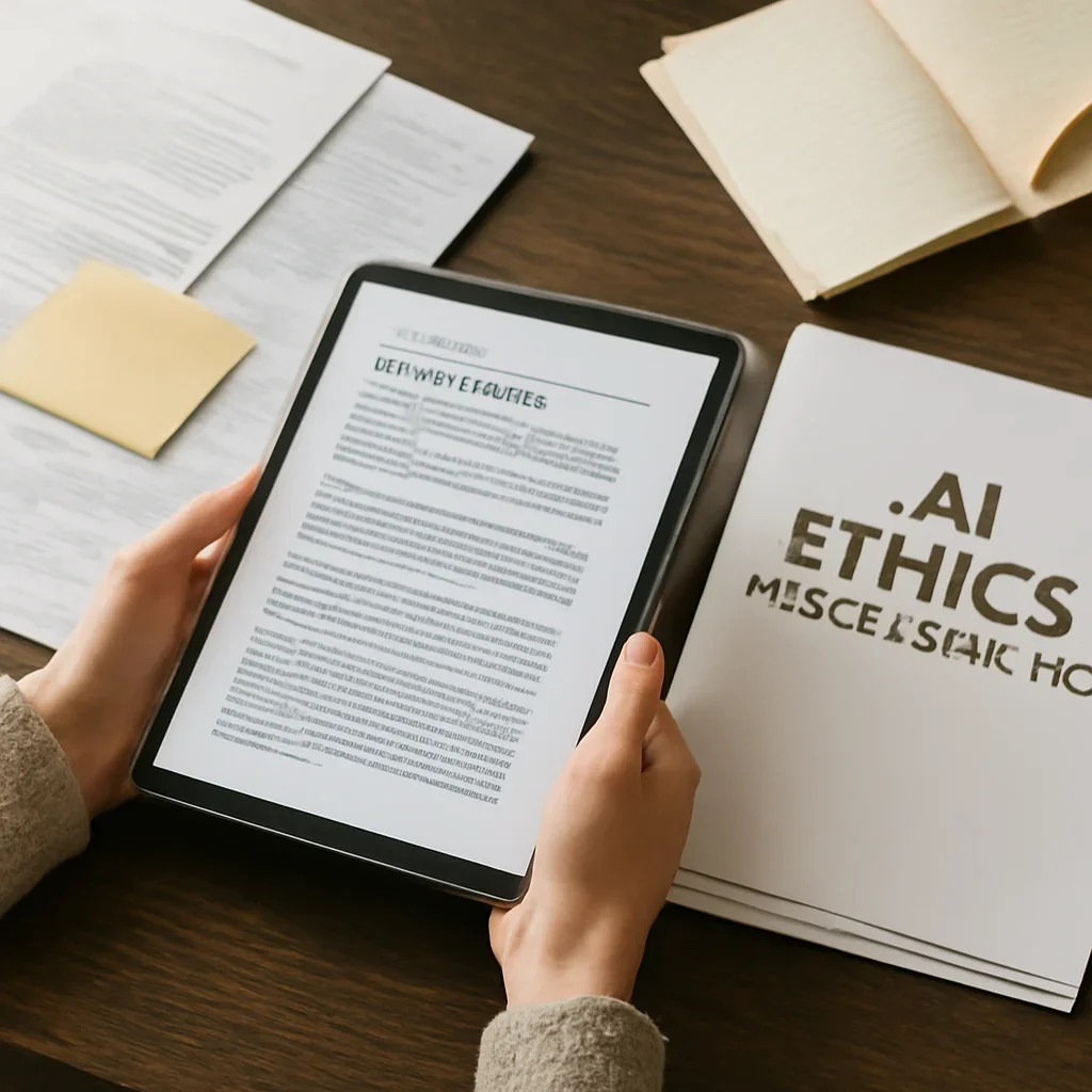 Editorial reading scene tied to What Is the UNESCO AI Ethics Recommendation? with notes, reports or research material.