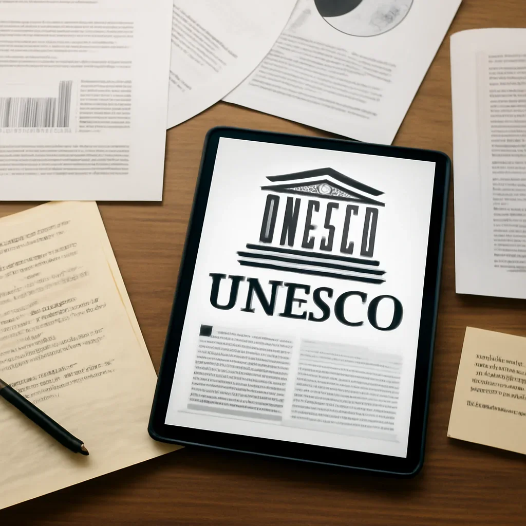 Editorial reading scene tied to What Is UNESCO and What Does It Do? with notes, reports or research material.