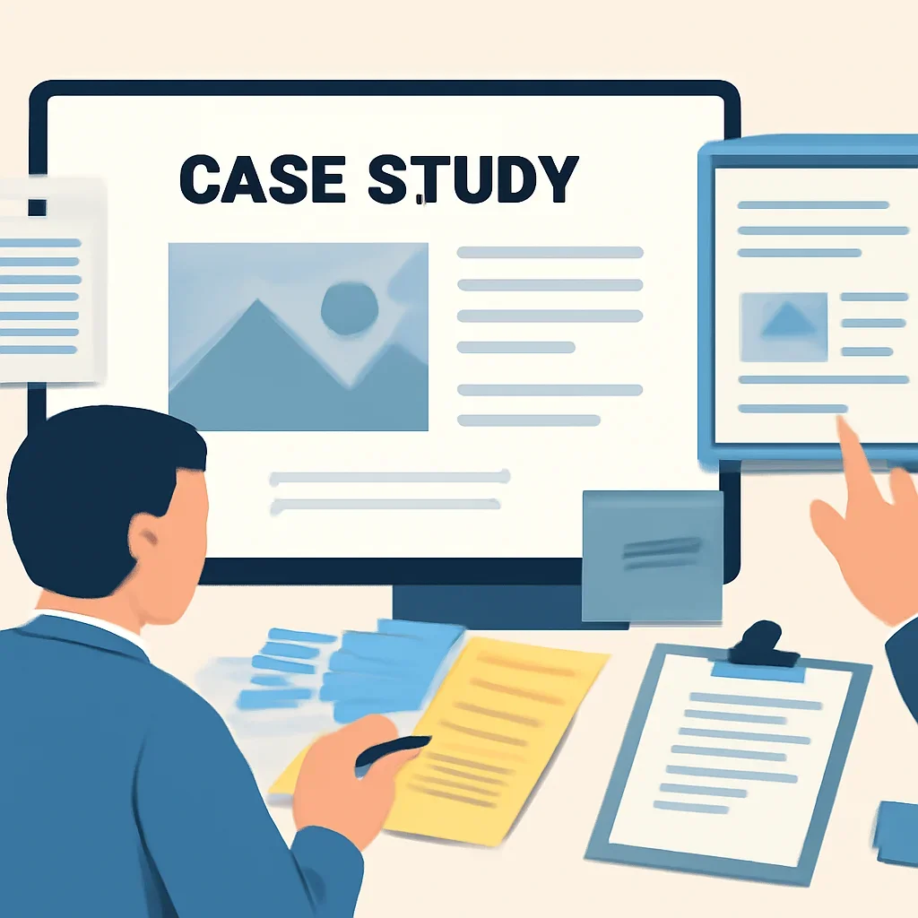Editorial planning visual for Case Studies with stories, reports or updates in review.