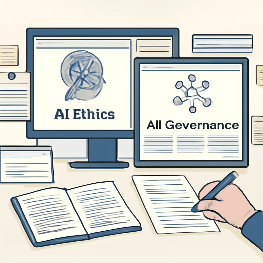 Editorial planning visual for AI Ethics vs AI Governance with stories, reports or updates in review.