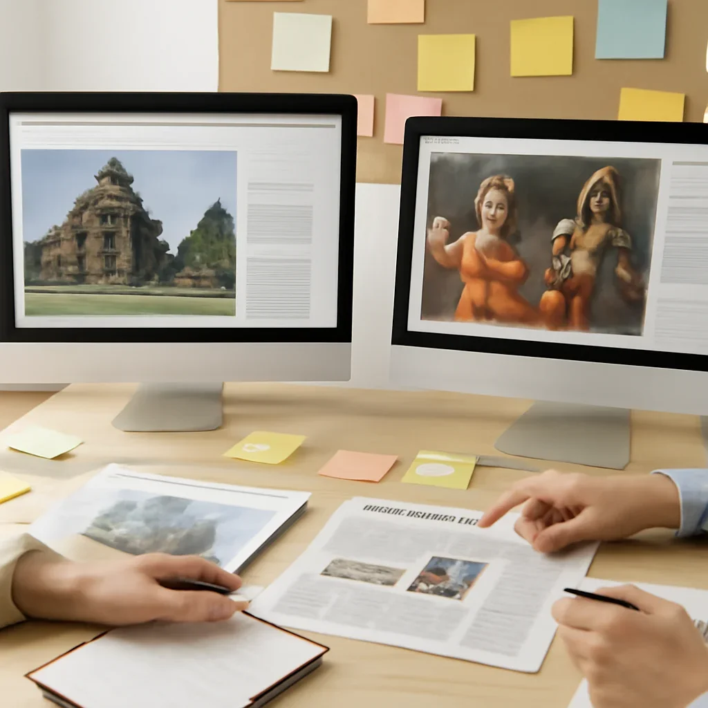 Editorial planning visual for World Heritage vs Intangible Cultural Heritage with stories, reports or updates in review.
