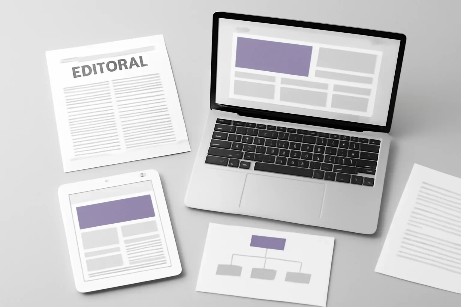 Editorial Policy page visual with editorial documents, screens and publishing workflow details.