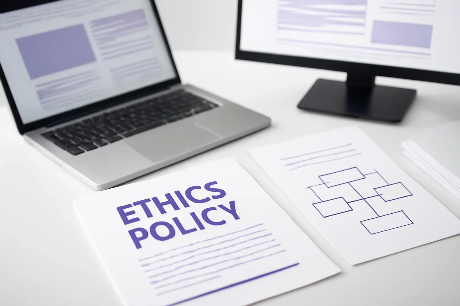 Ethics Policy page visual with editorial documents, screens and publishing workflow details.
