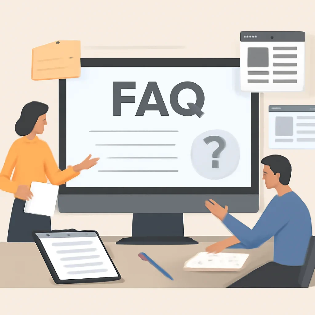 Editorial planning visual for FAQ with stories, reports or updates in review.