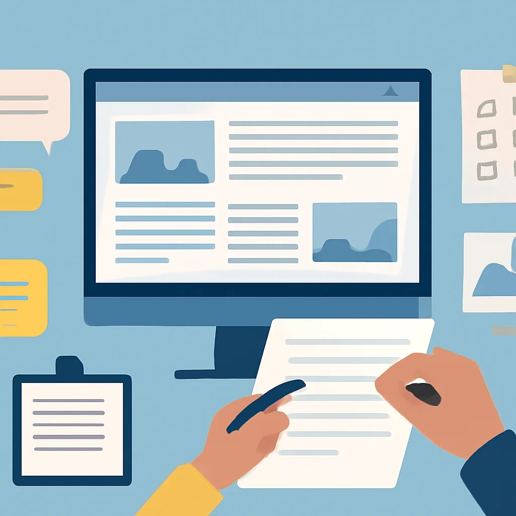 Editorial planning visual for Features with stories, reports or updates in review.