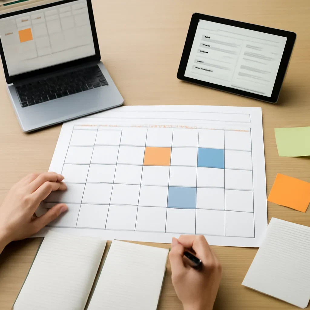 Editorial planning visual for Events Calendar with stories, reports or updates in review.