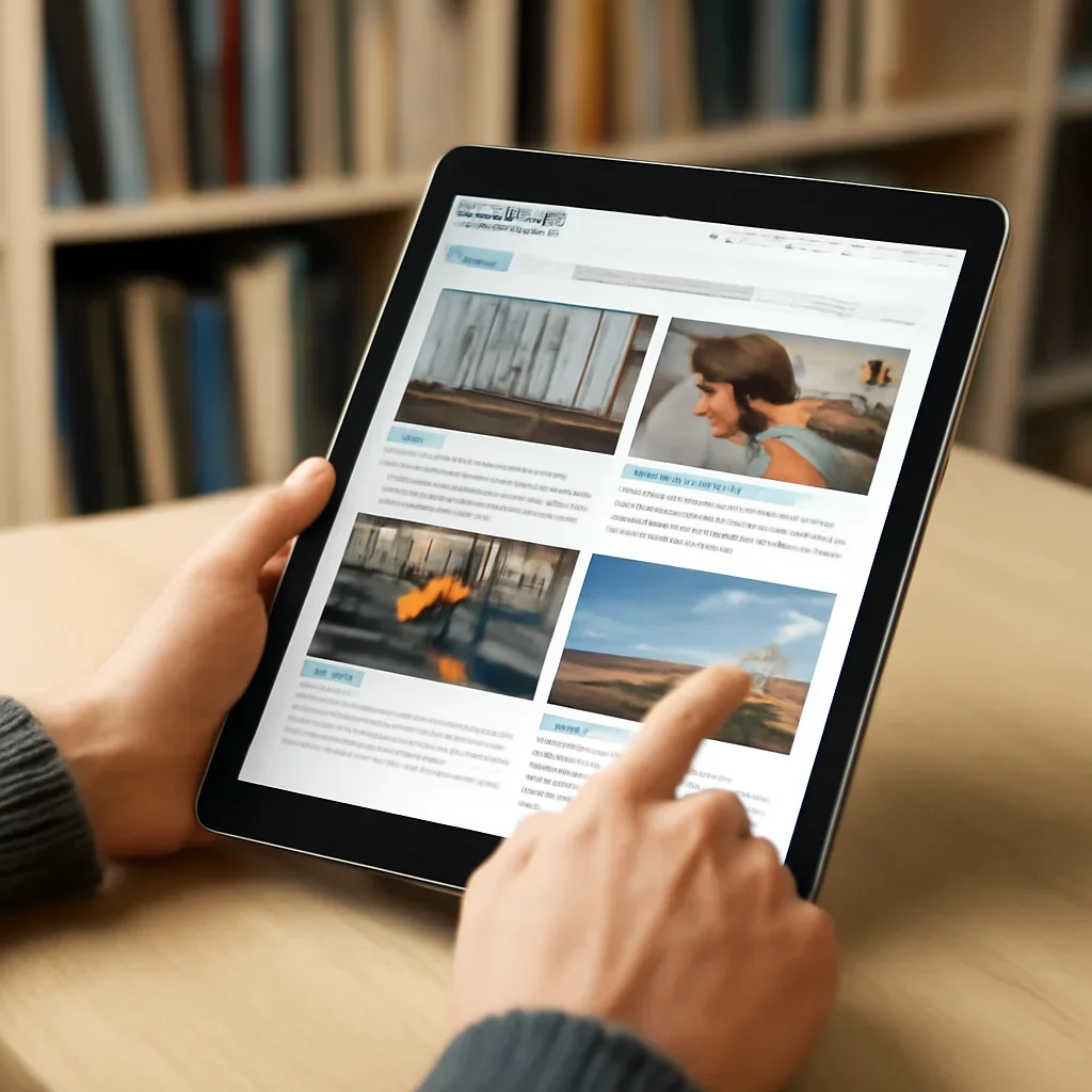 Researcher browsing archived UNESCO articles and reports on a tablet.