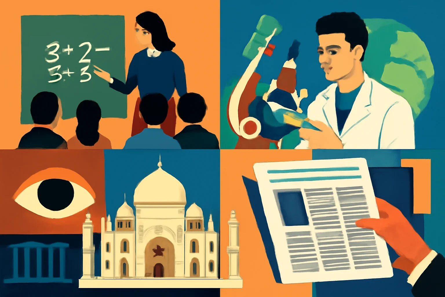 Editorial collage representing UNESCO coverage across education, science, culture and world heritage.