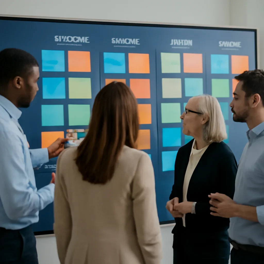 Editors reviewing UNESCO topic coverage on a large digital planning wall.