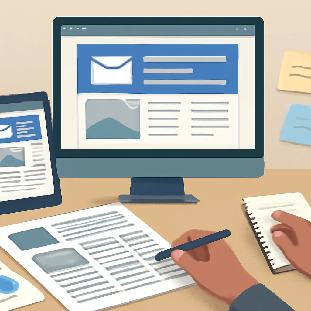 Editorial planning visual for Email Newsletters with stories, reports or updates in review.
