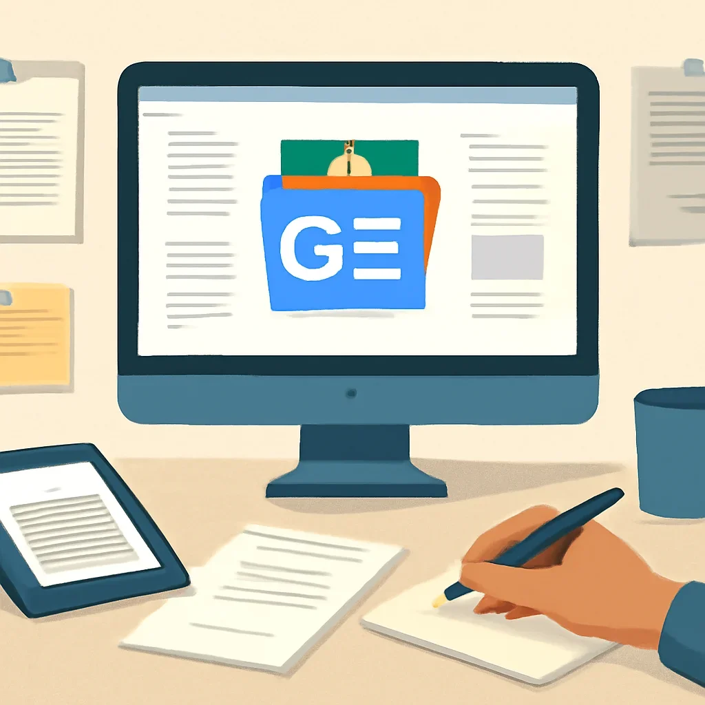 Editorial planning visual for Google News with stories, reports or updates in review.