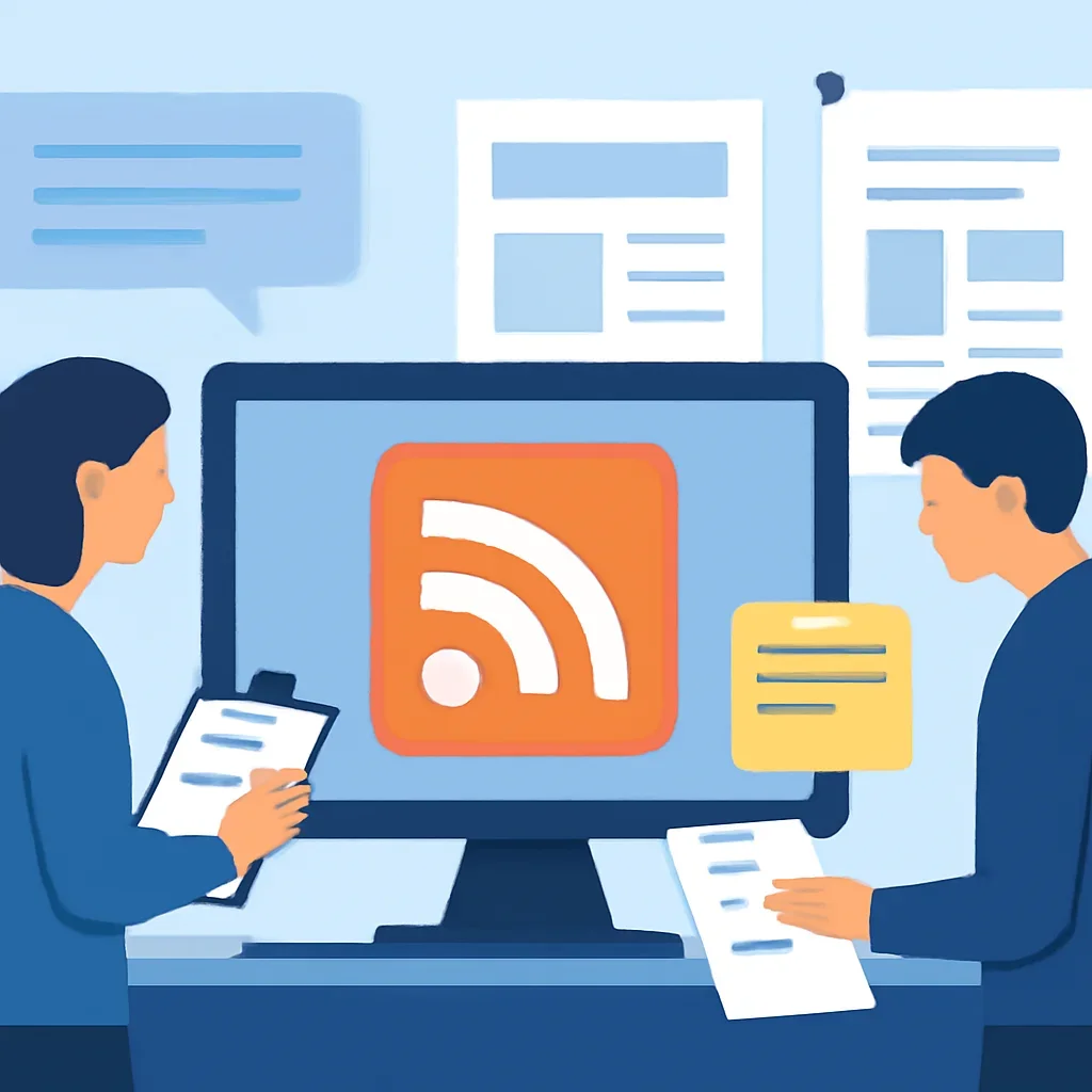 Editorial planning visual for RSS with stories, reports or updates in review.