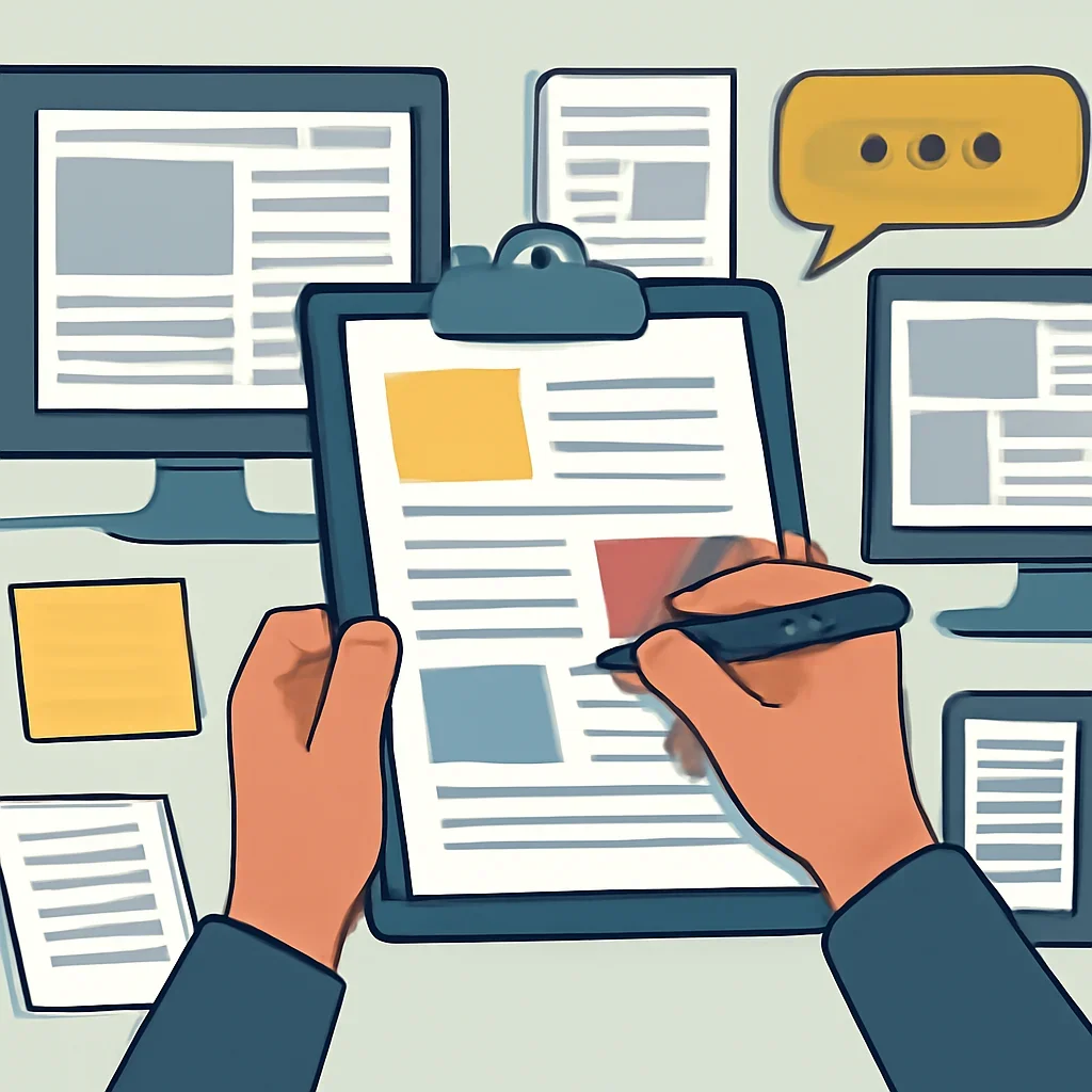 Editorial planning visual for Media Kit with stories, reports or updates in review.