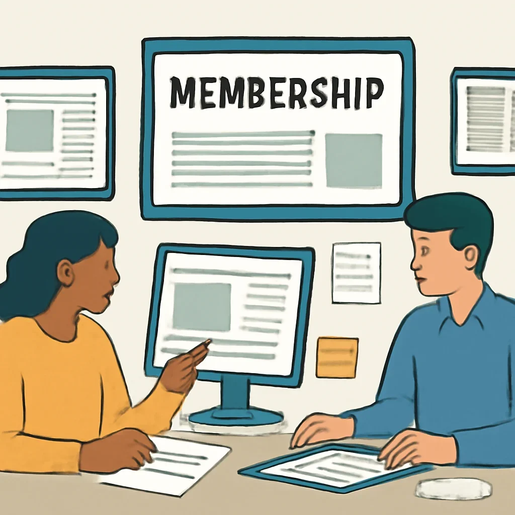 Editorial planning visual for Membership with stories, reports or updates in review.