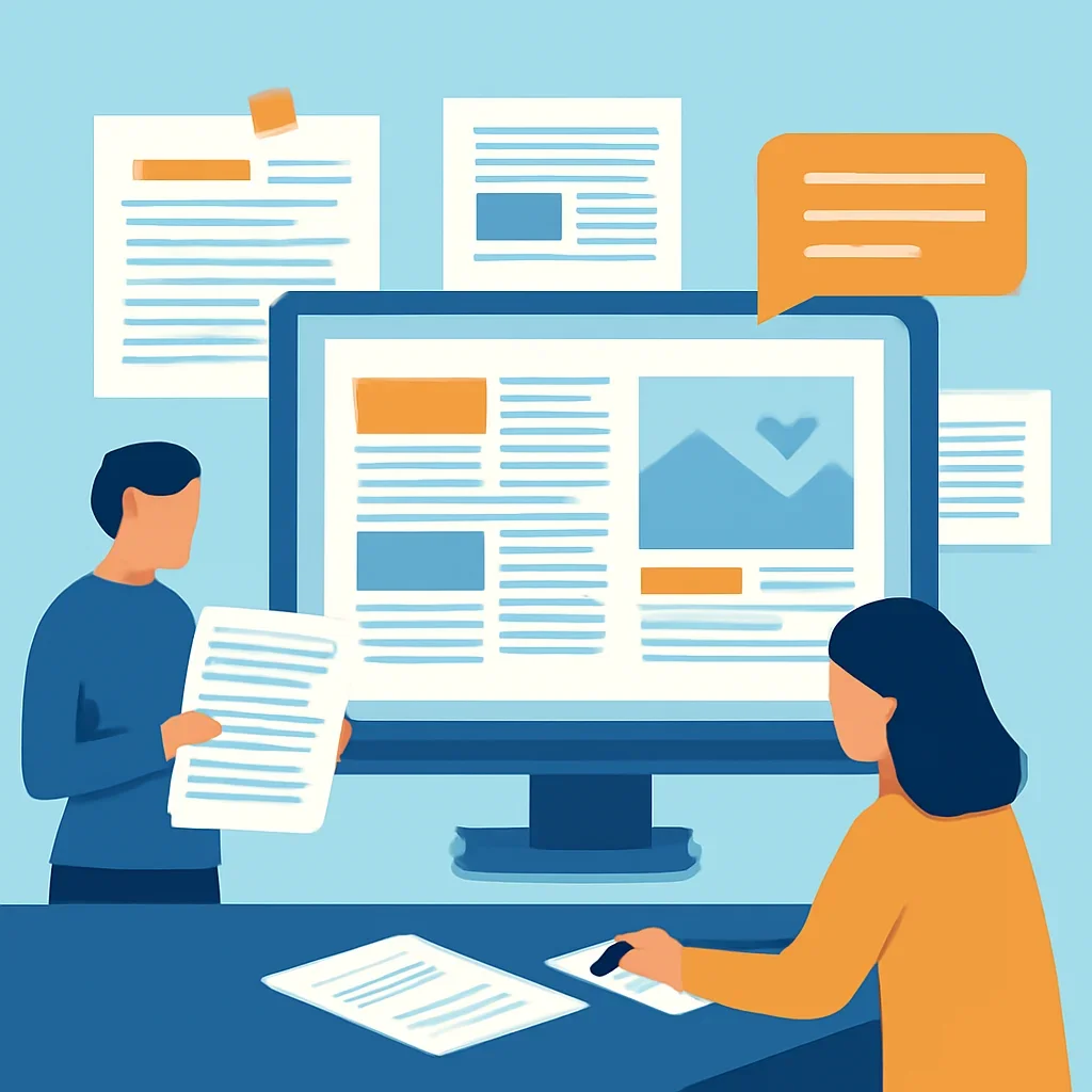 Editorial planning visual for Newsletter with stories, reports or updates in review.