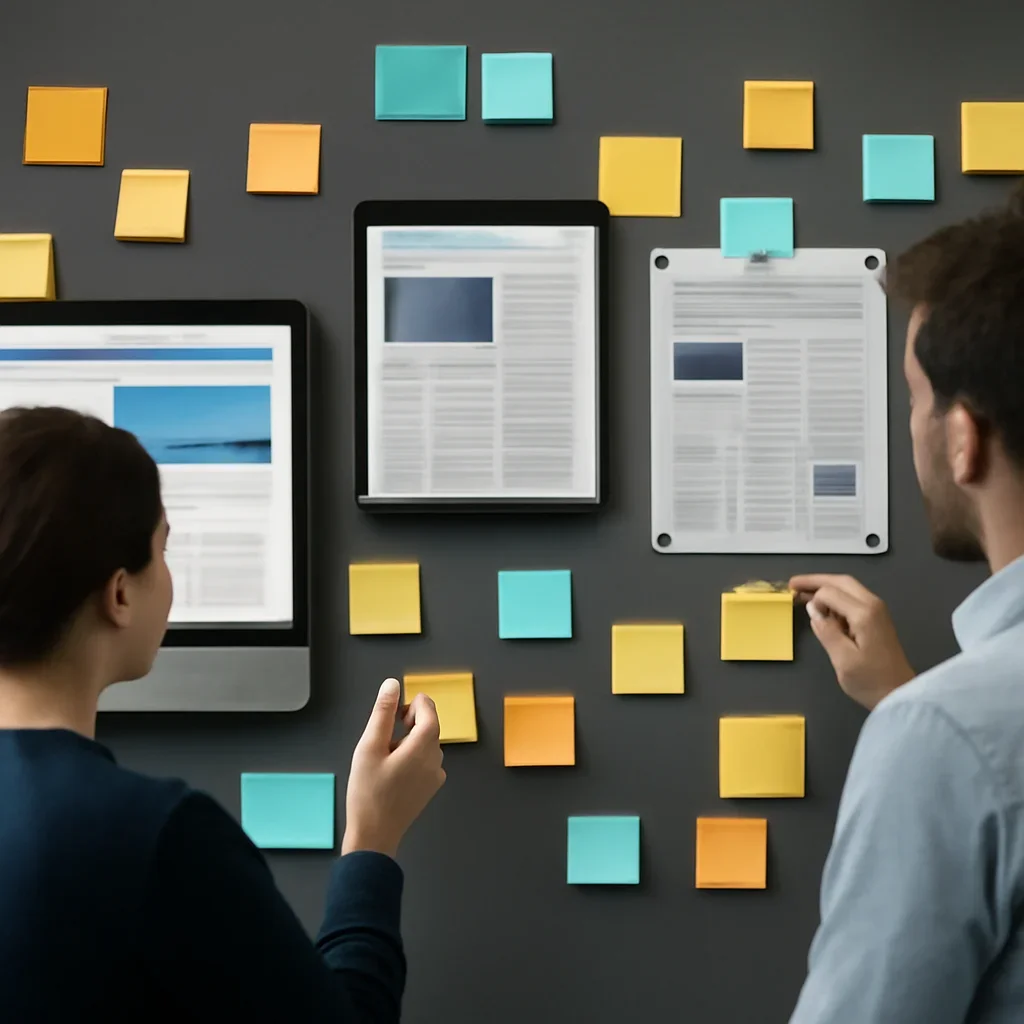 Editorial planning visual for Newsroom with stories, reports or updates in review.