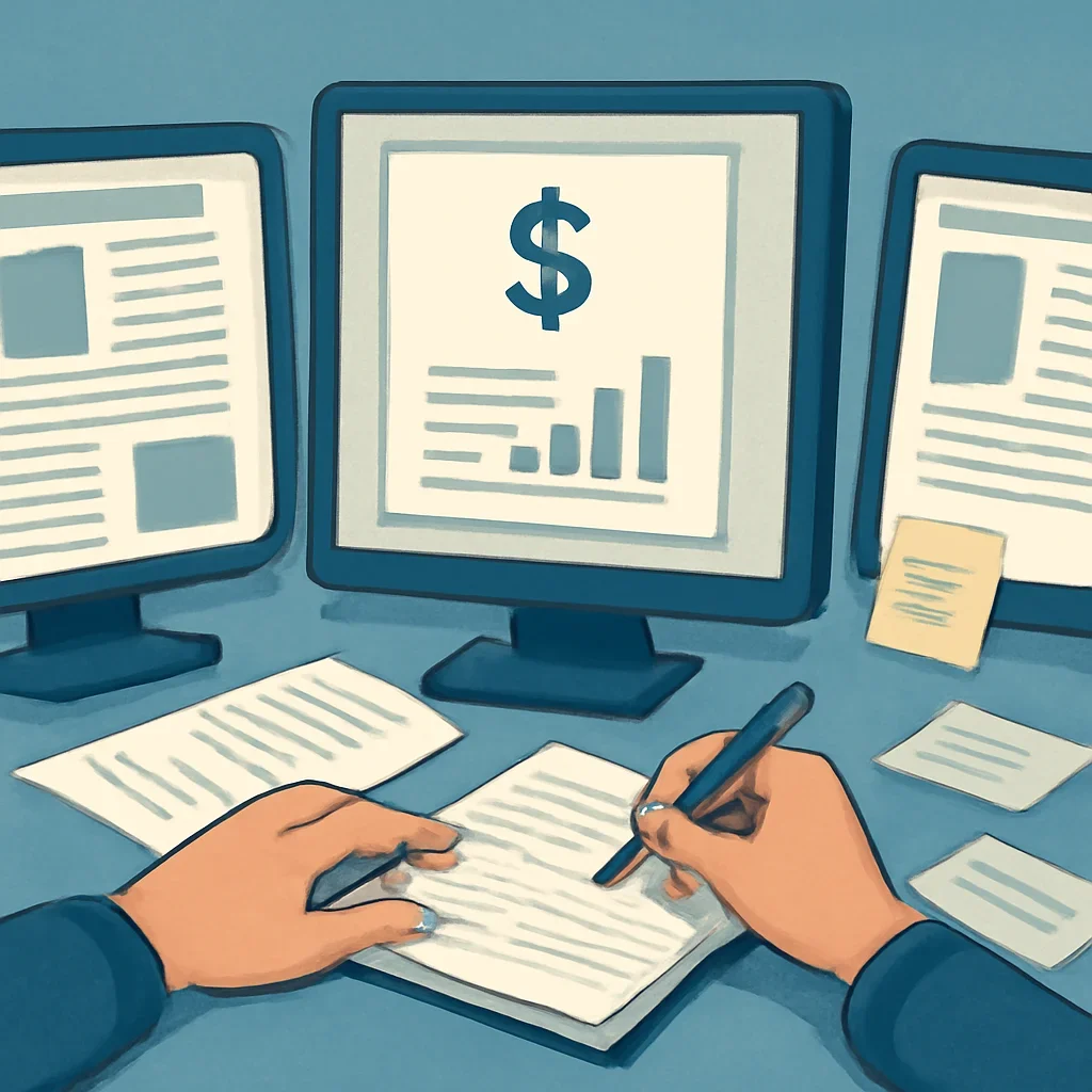 Editorial planning visual for Pricing with stories, reports or updates in review.