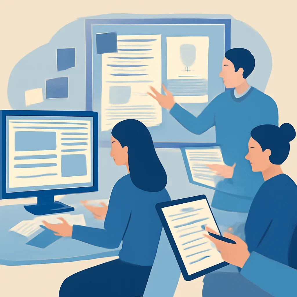Editorial planning visual for Solutions with stories, reports or updates in review.