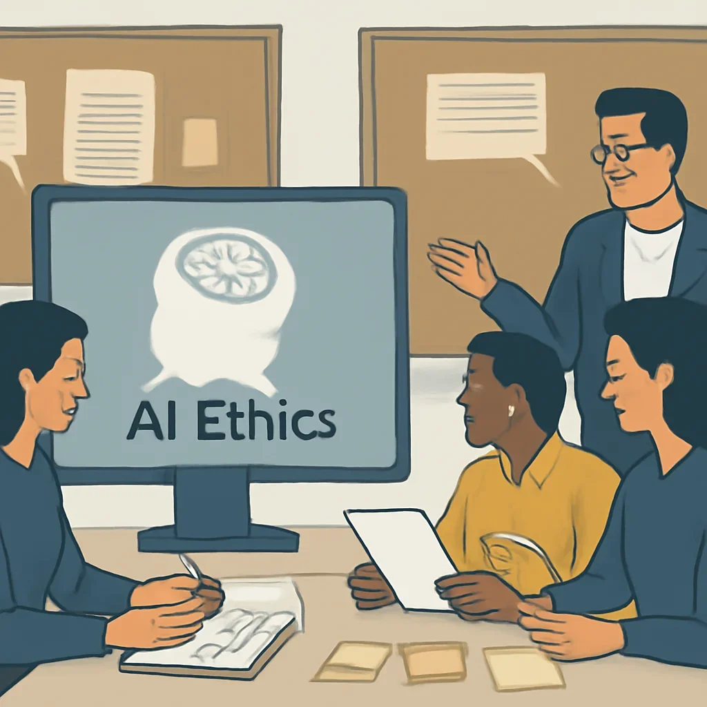 Editorial planning visual for AI Ethics with stories, reports or updates in review.