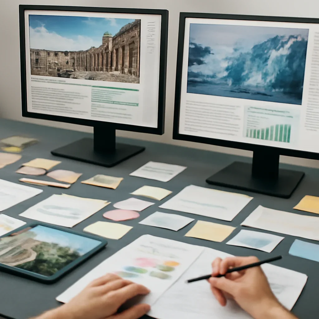 Editorial planning visual for Climate & Heritage with stories, reports or updates in review.