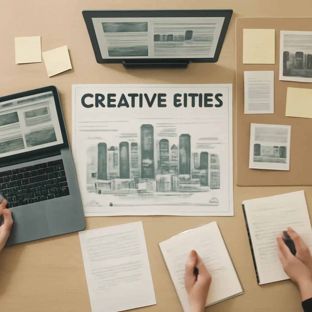 Editorial planning visual for Creative Cities with stories, reports or updates in review.
