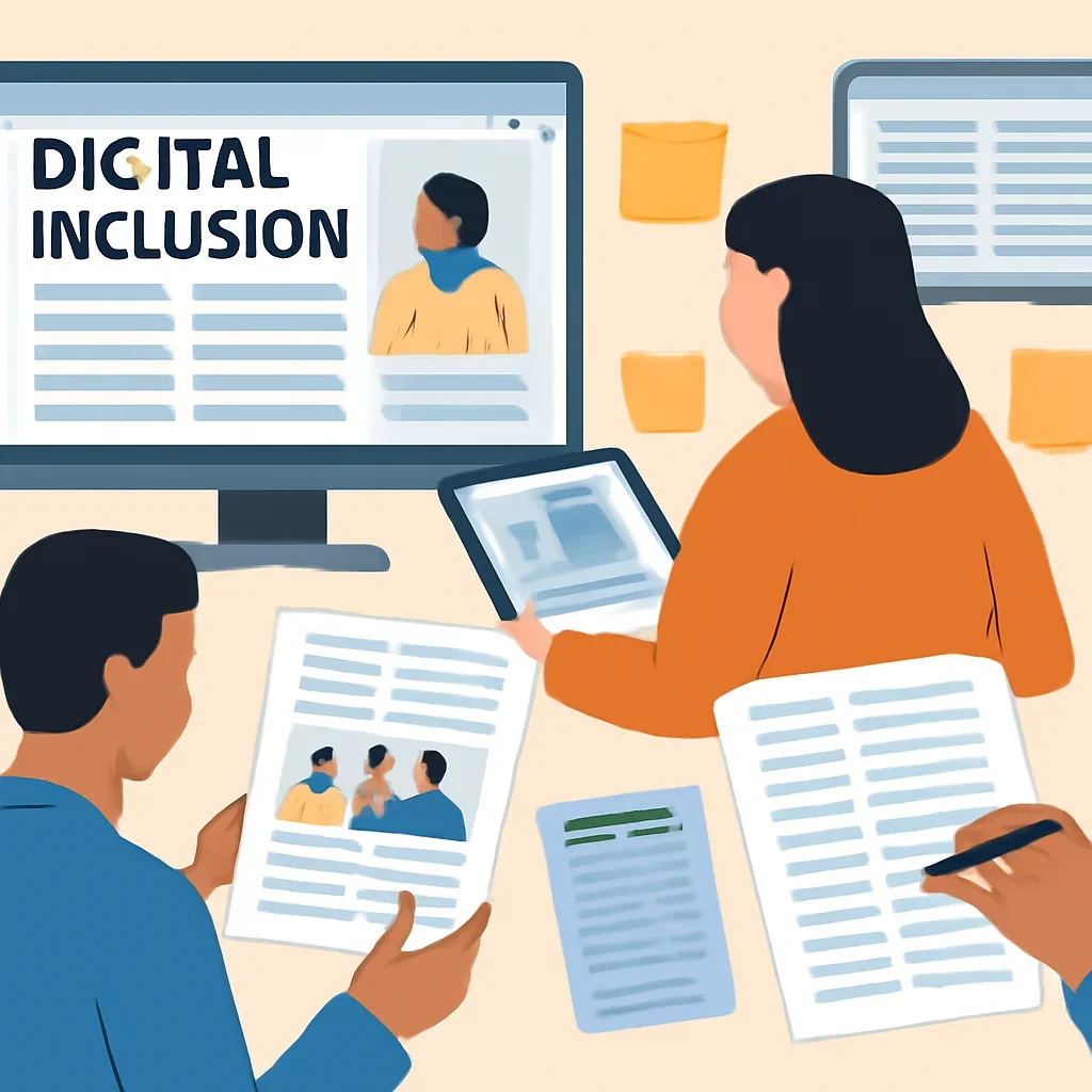 Editorial planning visual for Digital Inclusion with stories, reports or updates in review.