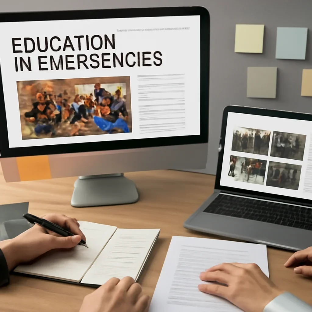 Editorial planning visual for Education in Emergencies with stories, reports or updates in review.