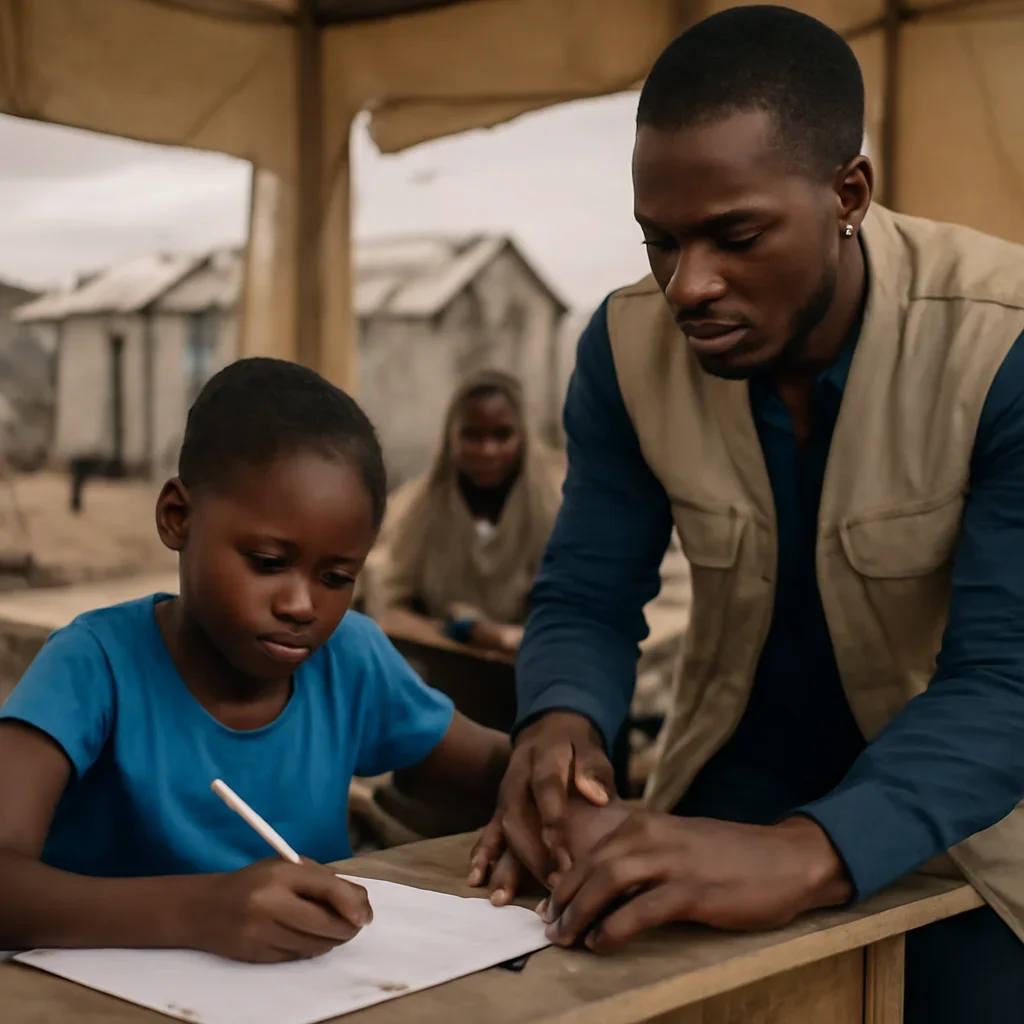 Supporting visual for Education in Emergencies showing the people or places behind the coverage.
