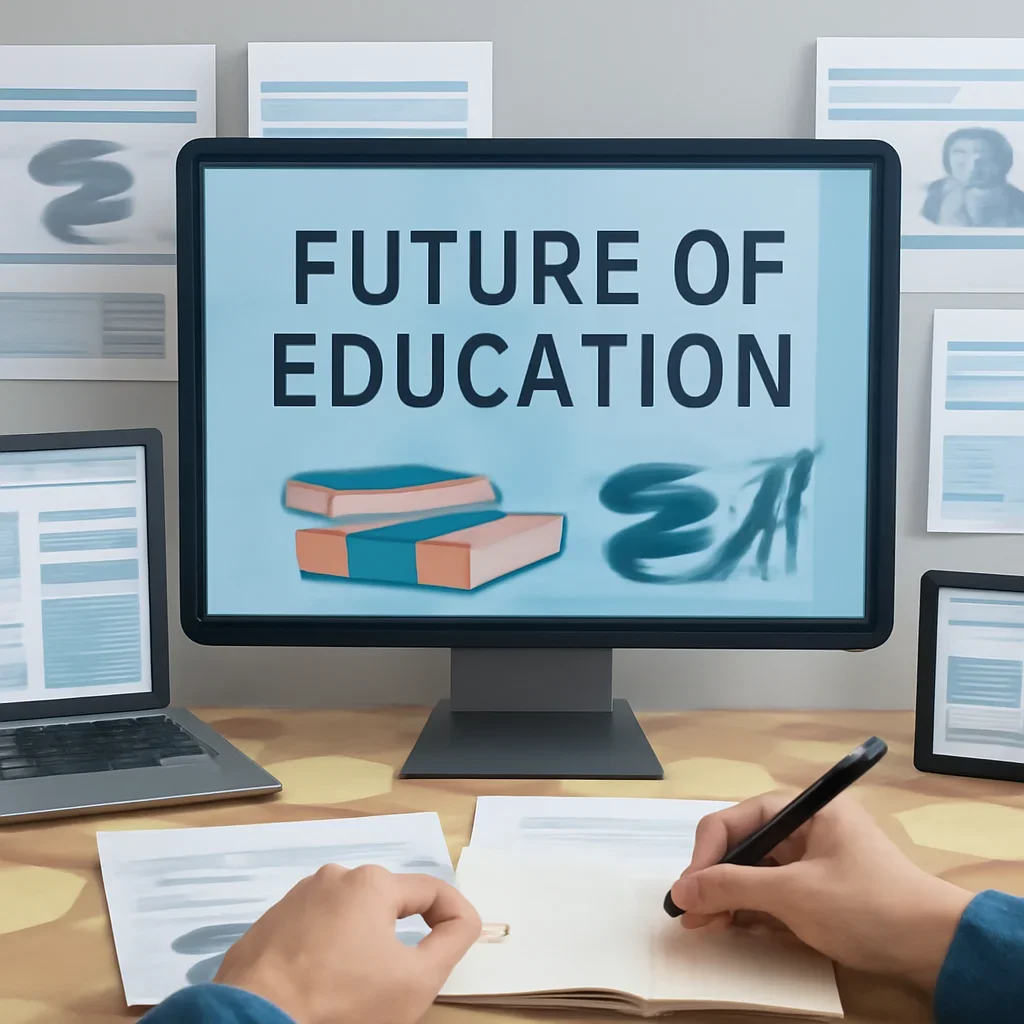Editorial planning visual for Future of Education with stories, reports or updates in review.