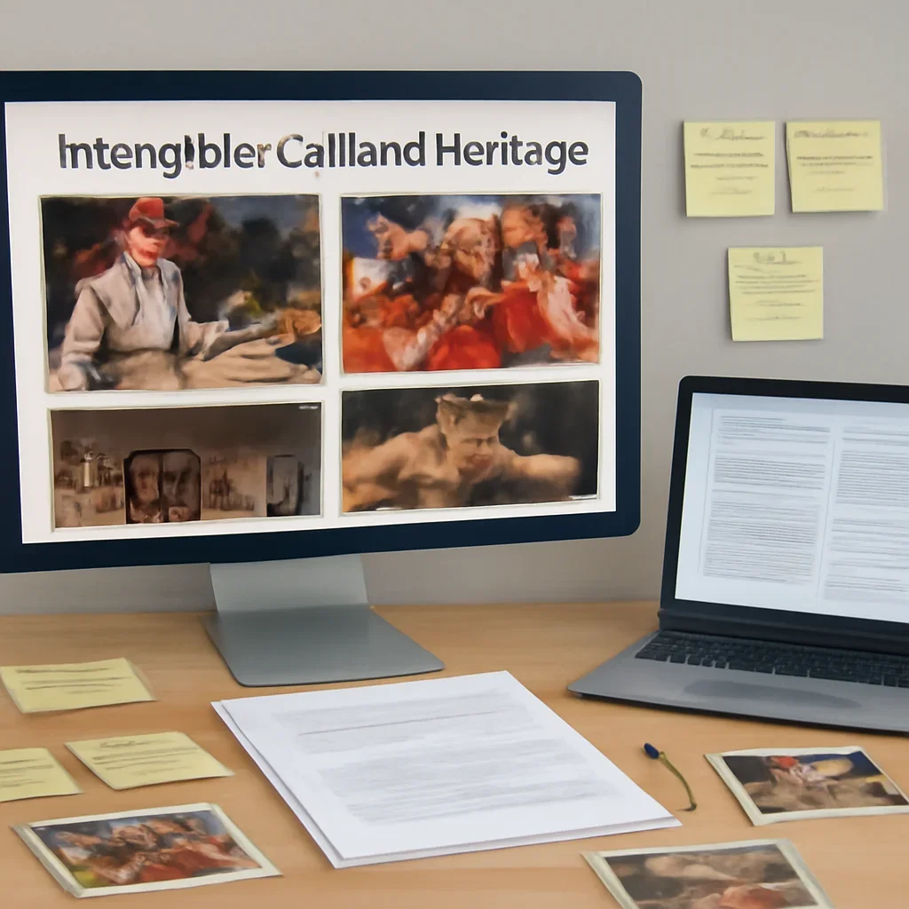 Editorial planning visual for Intangible Cultural Heritage with stories, reports or updates in review.